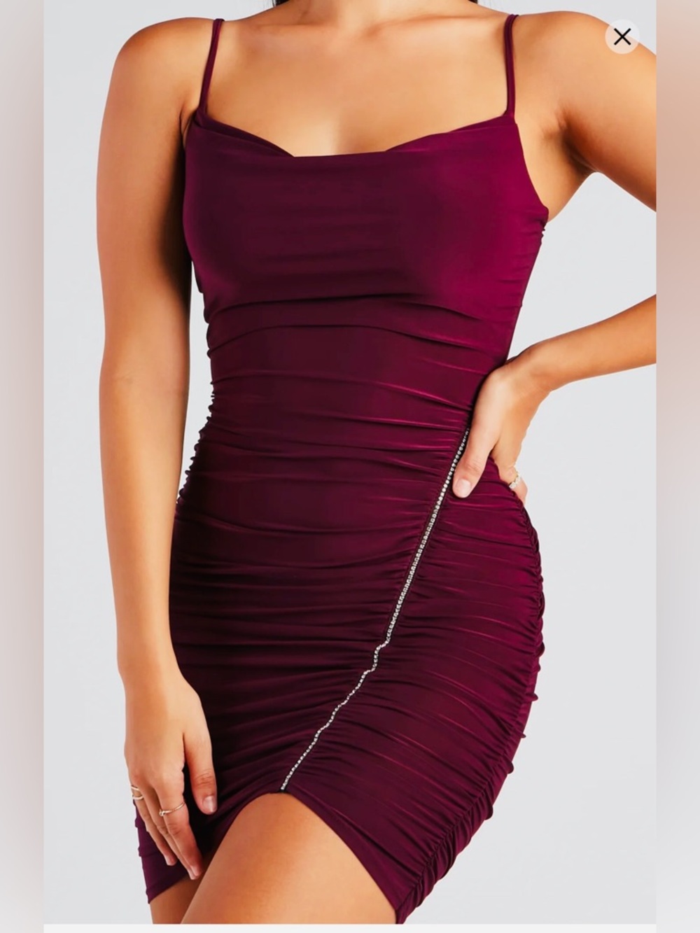 Windsor Bordeaux Ruched Slip Dress with Rhinestone Trim